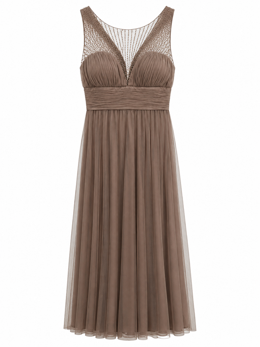 Vestido taupe de tul Cachet talla 12 usado