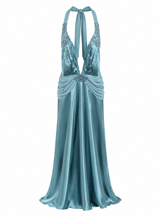 Vestido celeste satinado halter DUSK talla 12 usado