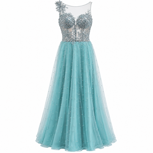 Vestido celeste de tul con corset bordado talla S usado