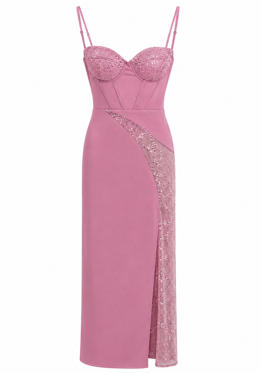 Vestido rosado con corset y brillo talla S usado