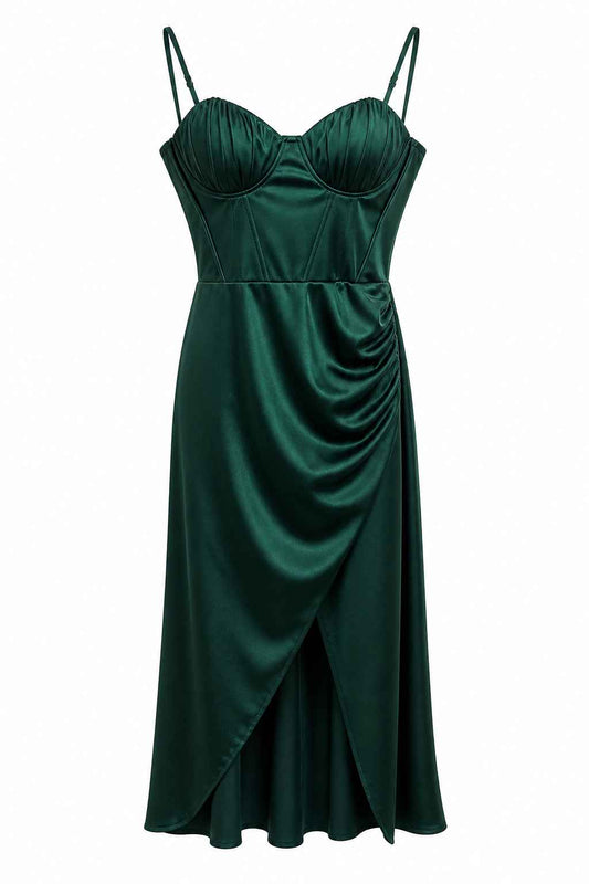 Vestido satinado verde esmeralda drapeado Talla S Nuevo sin etiqueta