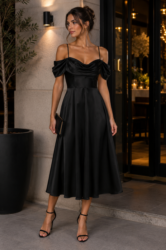 Vestido negro satinado off shoulder Ryocca Talla M Usado