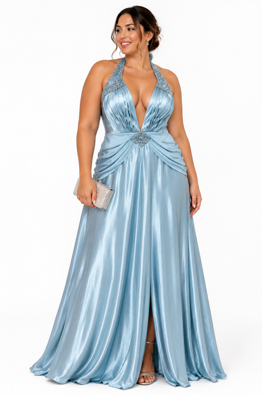 Vestido celeste satinado halter DUSK talla 12 usado