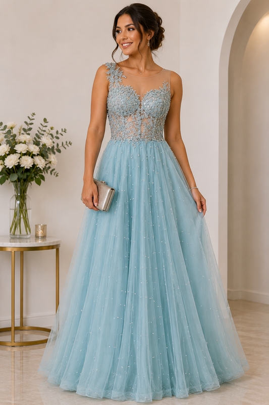 Vestido celeste de tul con corset bordado talla S usado