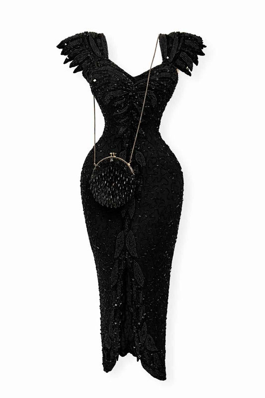 Vestido negro elegante con pedrería y bolso Marca Gold Star Talla L Usado