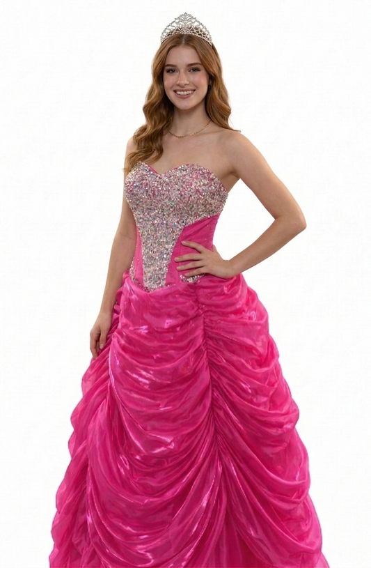 (Solo alquiler) Vestido de quinceañera fucsia con pedrería Talla XS
