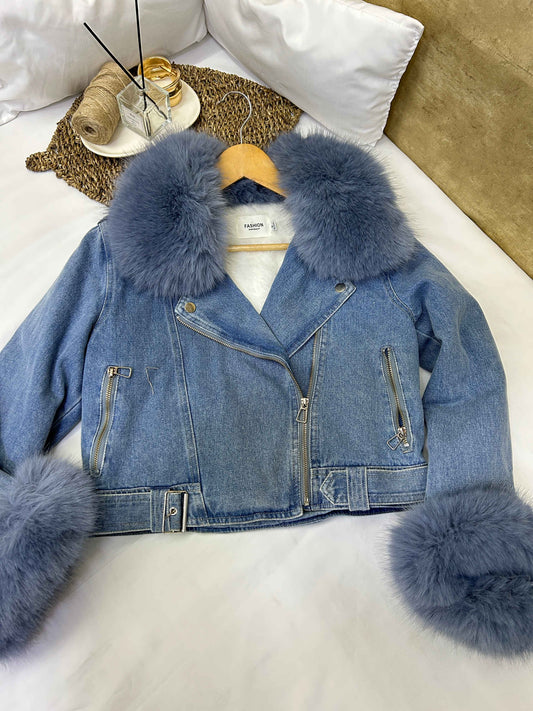 Casaca denim con cuello y puños afelpados mujer Fashion Talla S usado