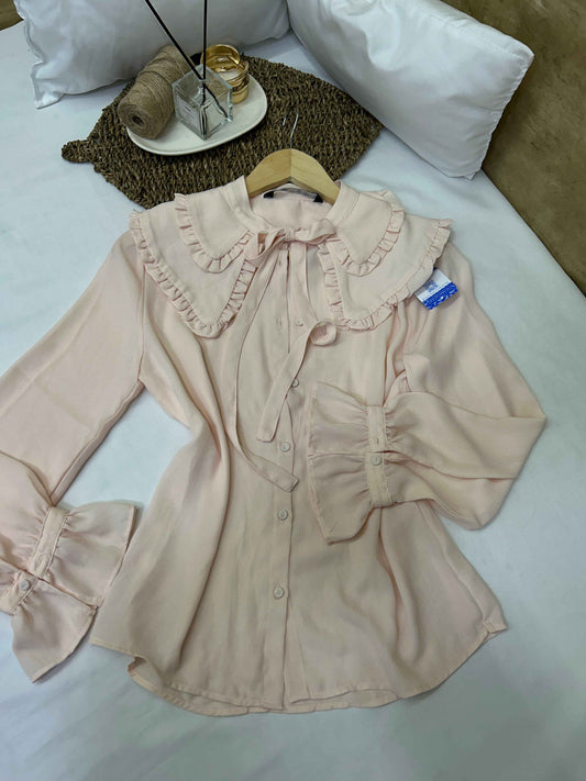 Blusa romántica rosa nude con lazo ZARA Talla S usado