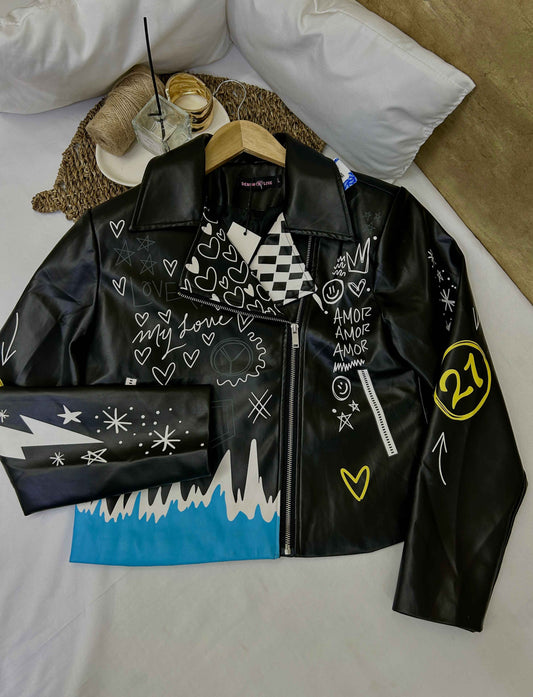 Chaqueta biker negra ilustrada DENIM LOVE  Talla L nueva