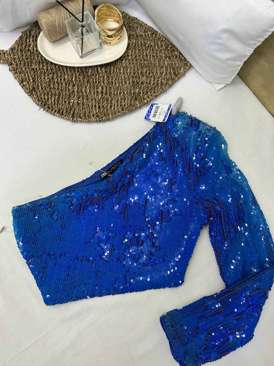 Top asimétrico azul con lentejuelas ZARA Talla M usado