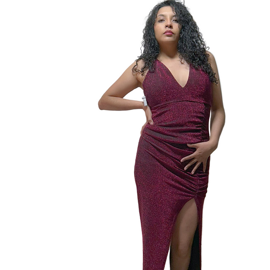 Vestido Largo con Brillos Color Vino Talla L Usado