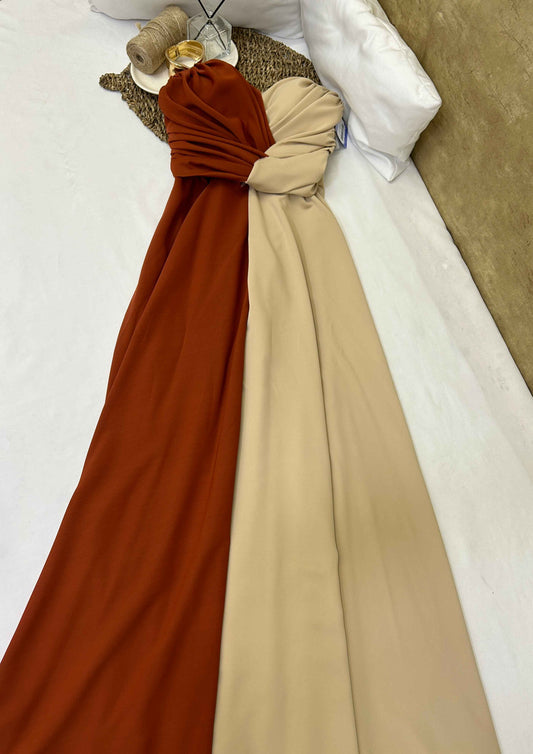 Vestido largo bicolor terracota y beige Talla S Usado