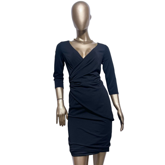 Vestido Negro Cruzado con Drapeado Lateral Camomilla Talla 12 Nuevo