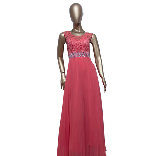 Vestido Largo Coral con Encaje y Pedrería Mujer Talla M Usado