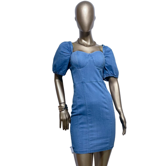 Vestido Corto de Mezclilla con Mangas Abullonadas Haute Monde Talla M Nuevo