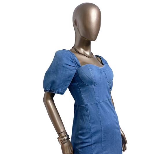 Vestido Corto de Mezclilla con Mangas Abullonadas Haute Monde Talla M Nuevo