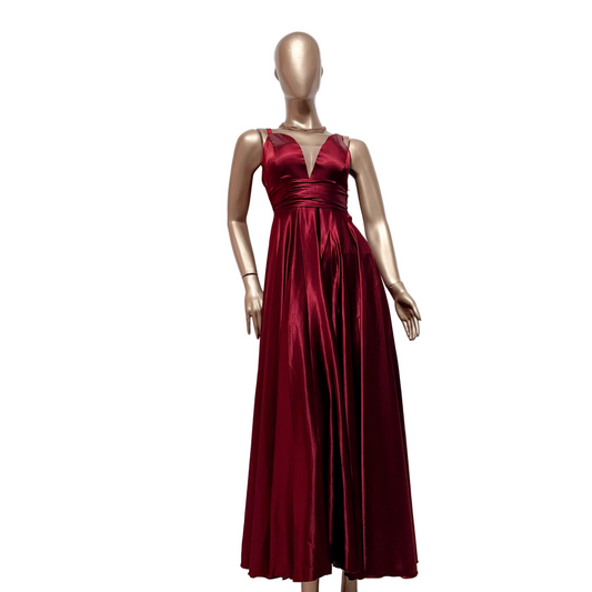 Vestido de Gala Vino Satinado Escote en V Bélgica Maria Talla M Usado