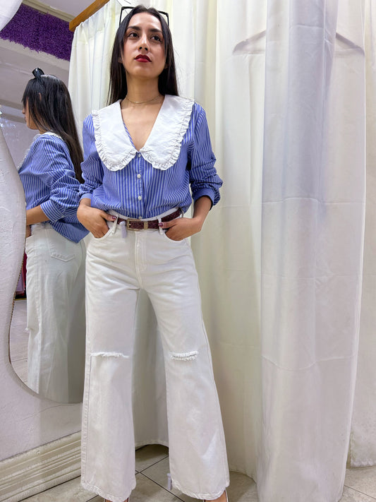 Outfit Clásico Moderno – Blusa MNG L + Pantalón Blanco + Cinturón