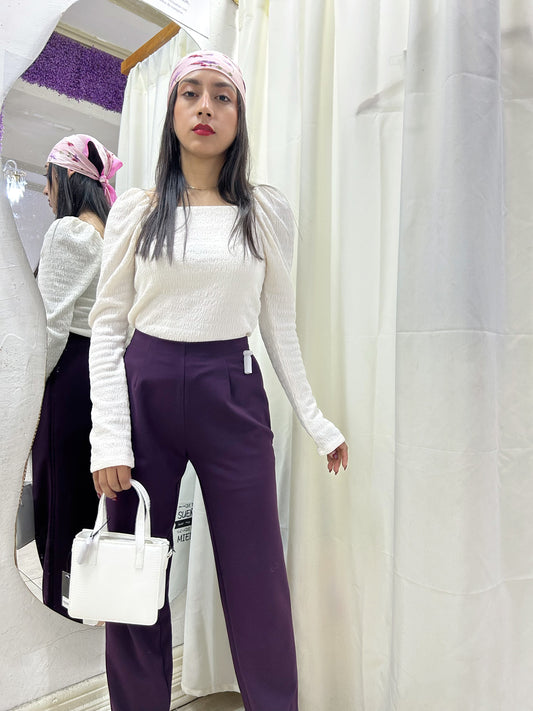 Outfit Elegante Purple – Blusa H&M XS + Pantalón Covington 4P + Cartera Forever 21 + Pañuelo