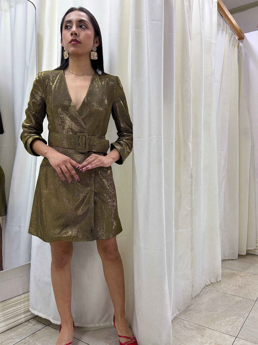 Vestido corto metalizado con escote cruzado marca ZARA talla XS