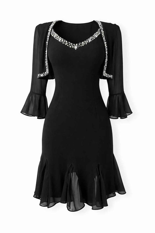 Vestido negro elegante con detalles brillantes Marca S.L Fashions Talla 4P Usado